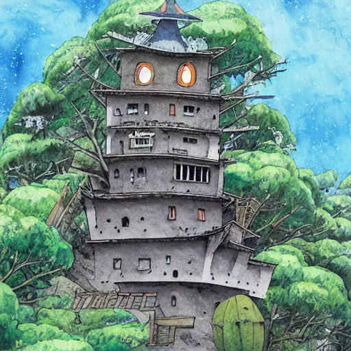 Prompt: laputa castle in the sky hayao miyazaki stands in a small clearing among trees, watercolor illustration for a book