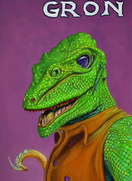 Image similar to oil painting portrait of a cowboy lizard person, a gorn from star trek, a snake oil salesman wearing a blonde wig in a movie poster for a movie called gorn on the bull horn girl, purple green color scheme