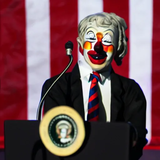 Image similar to marionette of a president with clown makeup in a podium and a human shadow behind