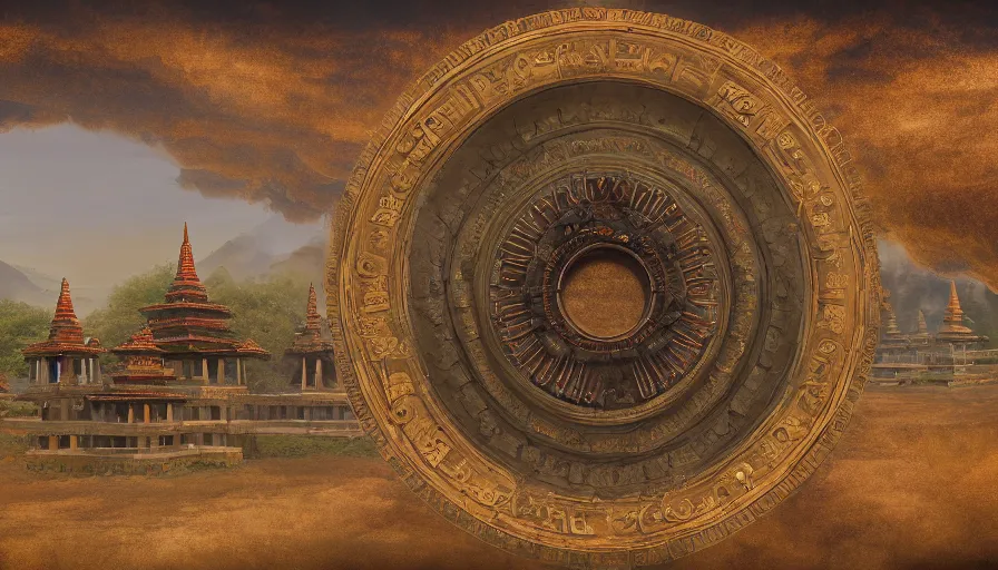 Prompt: matte painting of a beautiful mon - dvaravati village buddhist temple wheel of law, digital art, trending on artstation