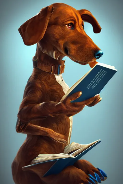 Image similar to well-dressed humanoid dog reading a book, vivid colors, high details, cinematic, 8k resolution, beautiful detailed, photorealistic, digital painting, artstation, concept art, smooth, sharp focus, illustration, fantasy background, artstation trending, octane render, unreal engine