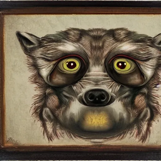 Image similar to portrait of ugly wolf, retarded, eyes in different directions, rabies, missing teeth, propaganda style, vivid colors