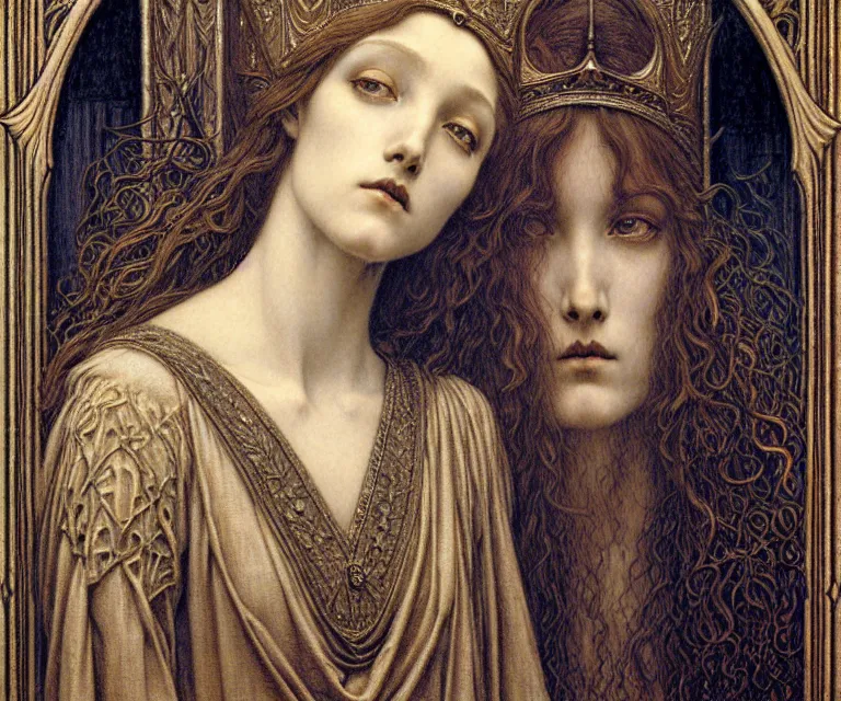 Image similar to detailed realistic beautiful young medieval queen face portrait by jean delville, gustave dore and marco mazzoni, art nouveau, symbolist, visionary, gothic, pre - raphaelite. horizontal symmetry