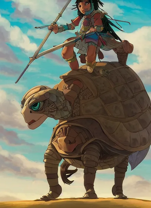 Image similar to portrait of a little warrior girl character riding on top of a giant armored turtle in the desert, studio ghibli epic character with dark skin and beautiful green eyes, very beautiful detailed symmetrical face, long black hair, bright colors, diffuse light, dramatic landscape, fantasy illustration