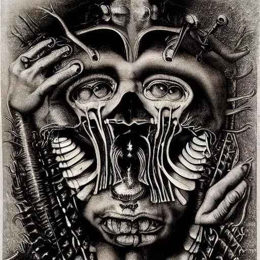 Image similar to post - punk new age album cover, magic, apocalypse, psychedelic, black white pink, magic, giger h. r., giuseppe arcimboldo