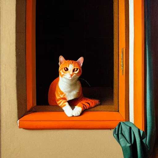 Prompt: a painting of an orange cat staring profoundly into the window, a detailed painting by johannes vermeer, behance, american scene painting, dutch golden age, detailed painting, academic art