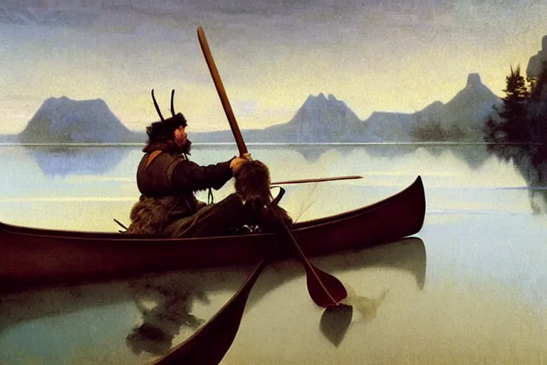 Image similar to fur trader in a canoe, 1 8 5 0. illustrated by n. c. wyeth. oil painting, highly detailed, centered, digital painting, artstation, romantic, concept art, smooth, sharp focus, illustration, artgerm, tomasz alen kopera, frans hals, drew struzan