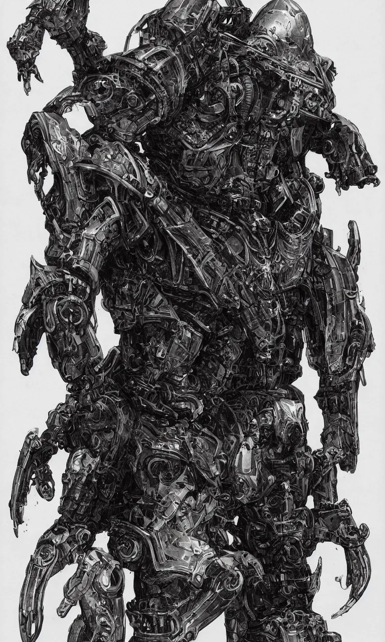 Image similar to full page scan of 1 7 0 0 concept art, a occult robot armor, character design, symmetrical fullbody rendering, bliblical, inspired by elden ring, by hr giger, sadan vague, yoji shinkawa, craig mullins, emil melmoth, artstation, highly detailed, 4 k post - processing, 8 k resolution + dof