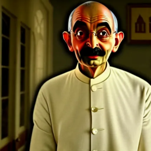 Image similar to mr. bean as mahatma ghandi. movie still. cinematic lighting.