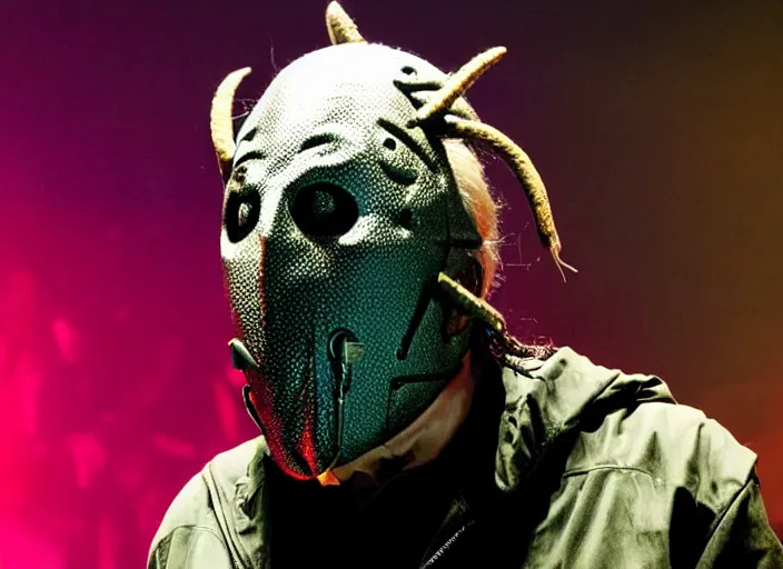 Image similar to publicity photo still of larry david wearing a slipknot mask touring with slipknot live on stage, 8 k, live concert lighting, mid shot