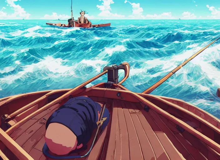 Image similar to anime three - point perspective illustration of a man fishing on a row boat in the middle of the ocean, by kim jung gi, paul heaston, makoto shinkai, simon stalenhag, greg rutkowski, hayao miyazaki, by studio ghibli. digital art, panaromic view, wide angle shot, trending on art station, cinematic, fish eye