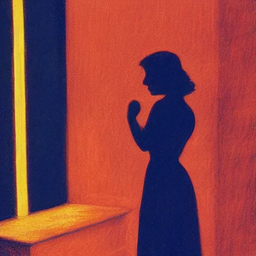 Prompt: silhouette of a woman gazing out the window of her hotel room, rainy night, neon lighting, extremely detailed masterpiece, by Edward Hopper