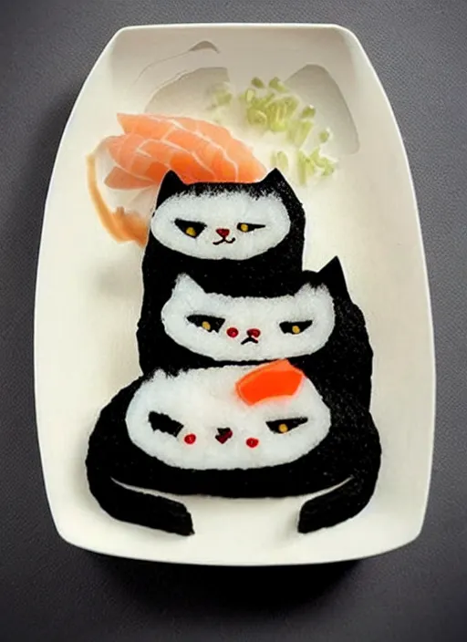 Image similar to clear surrealist painting of adorable cats made from sushi rice, sitting on sushi plates with garnish