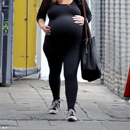 Image similar to Pregnant Alexandra D'addario walking down the street, paparazzi photo