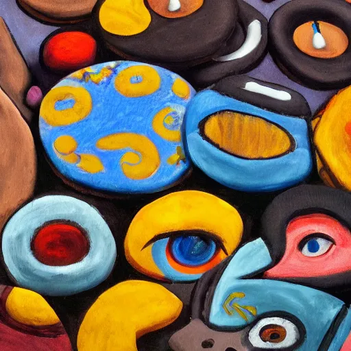 Prompt: intricate five limited edition cookies by pablo picasso, oil on canvas, hdr, high detail, photo realistic, hyperrealism, matte finish, high contrast, 3 d depth, centered, masterpiece, vivid and vibrant colors, enhanced light effect, enhanced eye detail, artstationhd