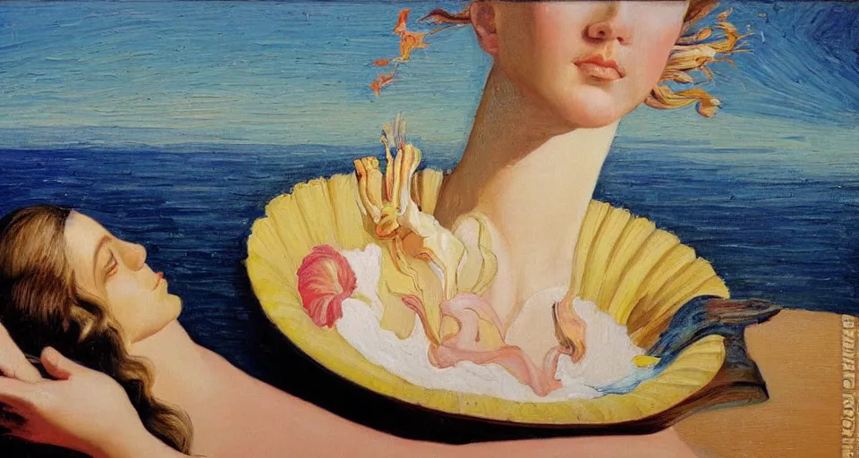 Prompt: the birth of Venus in the style of Wayne Thiebaud, detailed oil painting on canvas