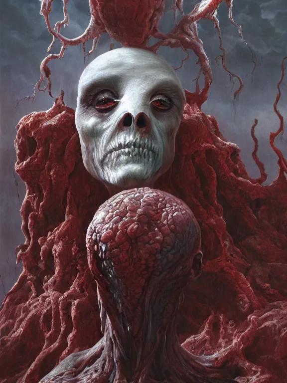 Image similar to wayne barlowe painting of a flying sorrowful looking severed human head with tears running down it's eyes, face that is chalk white in color, with long white tentacles stemming from it's neck, fiery scorching red eyes, background sprawling terrifying hellish cave with lava flowing through it's walls, 4 k