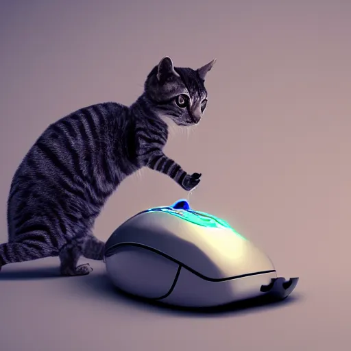 Image similar to a metallic robotic cyborg cat eating a computer mouse, cyberpunk, digital art, 8 k, trending on artstation