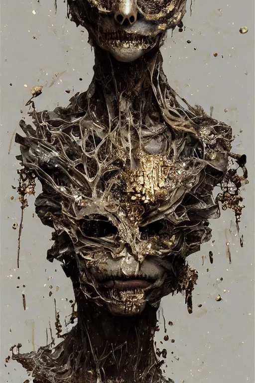 Image similar to A boney thin humanoid with teared viscose clothes wearing a carved mineral mask with tiny mineral and gold incrustations. By tom purvis, emil melmoth, zdzislaw belsinki, Craig Mullins, yoji shinkawa, white gold color scheme, featured on artstation, beautifully lit, Peter mohrbacher, zaha hadid, hyper detailed, insane details, intricate, elite, ornate, elegant, luxury, dramatic lighting, CGsociety, hypermaximalist, golden ratio, environmental key art, octane render, weta digital, micro details, 3d sculpture, structure, ray trace 4k