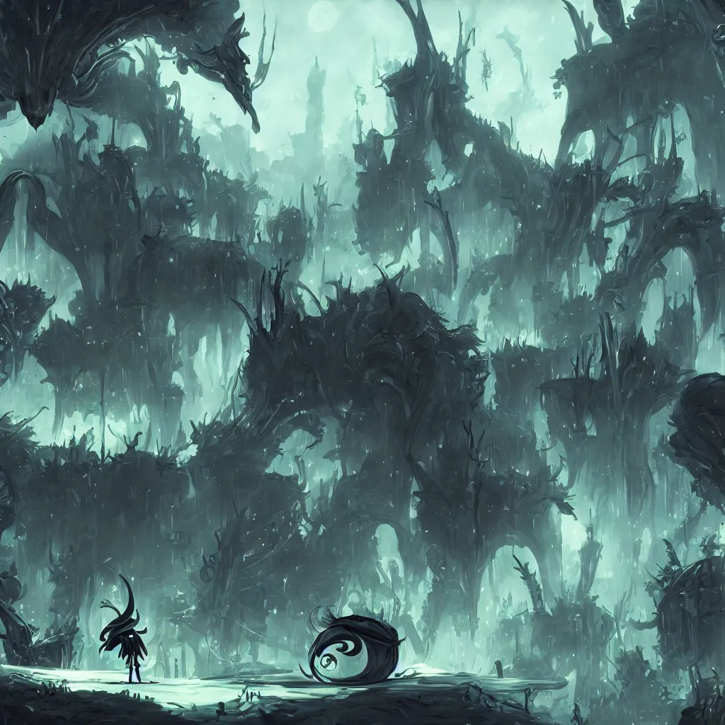 Prompt: concept art for hollow knight. Ominous. High detail. No text. Green. Vibrant Colors. Happy. Sharp. 4K 8K. Detailed shapes.