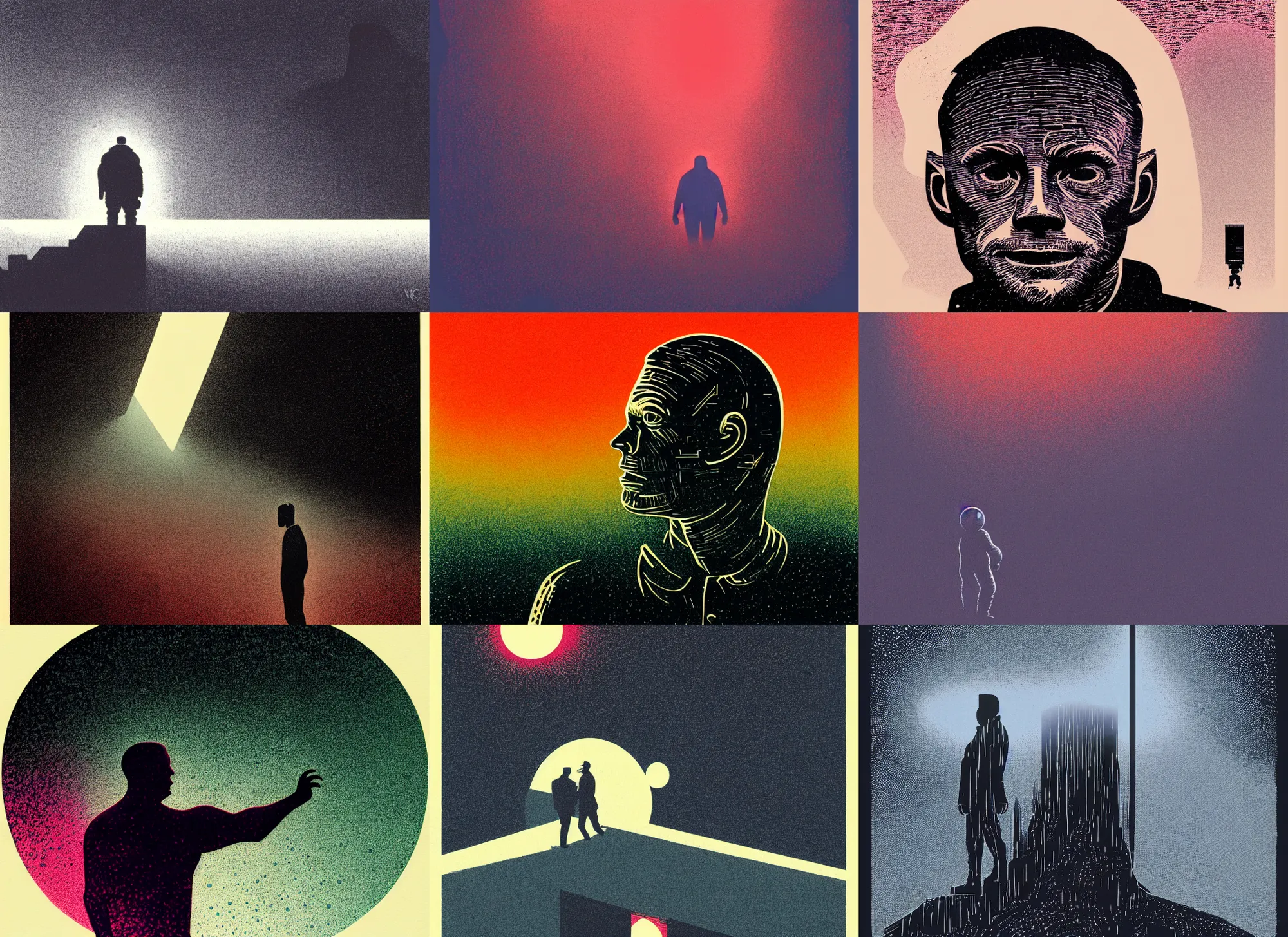 Prompt: linocut of neil armstrong, colorful, modern art deco, mads berg, karolis strautniekas, christopher balaskas, stippled light, fog, moody, fine texture, editorial illustration, dramatic lighting, dynamic composition, detailed, matte print, dynamic perspective, muted color, ( ( victo ngai ) ), wide angle