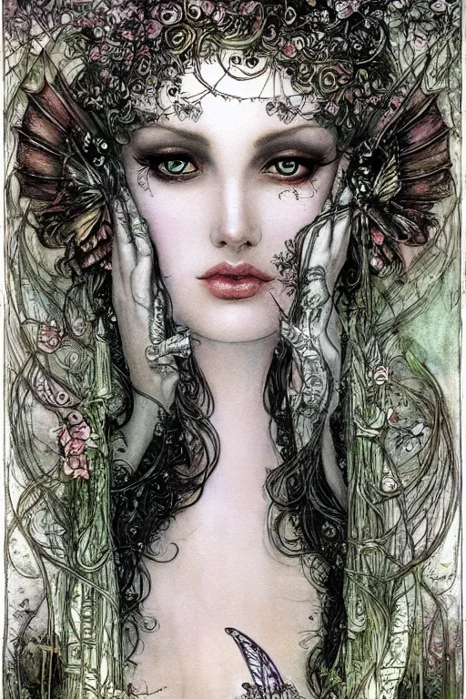 Image similar to dark fairy queen closeup face surrounded by floral frame, art by luis royo and walter crane and kay nielsen, watercolor illustration, sharp focus