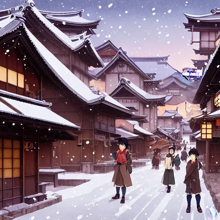 Image similar to japanese rural town, winter, in the style of studio ghibli, j. c. leyendecker, greg rutkowski, artem