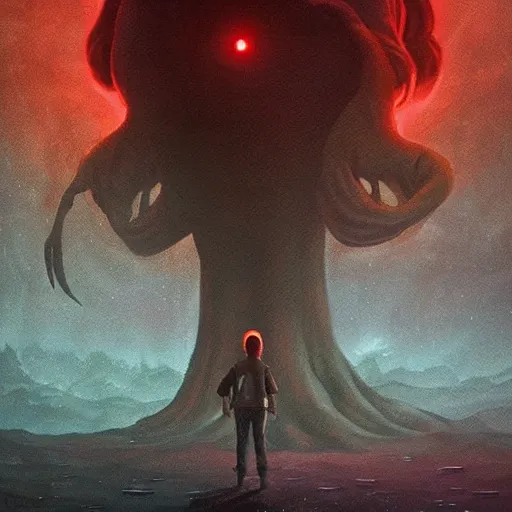 Image similar to Stranger Things, Eleven standing in front of the gargantuan Mind Flayer from Stranger Things, stunning atmosphere, in Style of Peter Mohrbacher, moody night lighting
