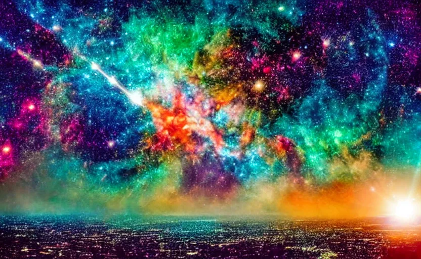 Image similar to A view across a sea of stars, cosmic colors, supernova explosion in the sky, fantastic, magical