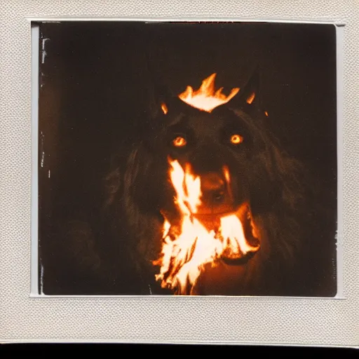 Image similar to old polaroid depicting a proud hellhound on fire, at a clearing, at night