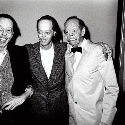 Image similar to polaroid group picture of steve buscemi, don knotts and pete davidson having a great time together