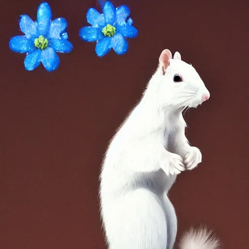 Prompt: A white squirrel on a rocket ship in space and with a blue flower in his paw