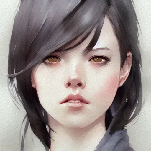 Prompt: short dark haired girl, grey eyes, artstation, watercolor, highly detailed, portrait, by krenz cushart