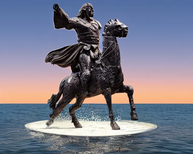 Prompt: a giant abstract sculpture of a great warrior on a horse on the ocean water, in the style of chad knight, award winning, cinematic, hyper - realistic, very detailed, realistic water splashes, ray tracing, 8 k resolution, long - shot, sharp focus, low angle, 8 5 mm photograph, wide lens