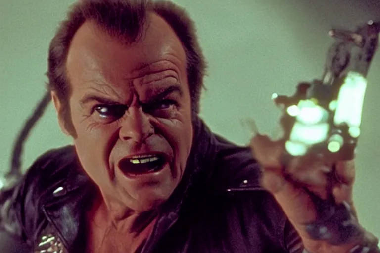 Prompt: Jack Nicholson plays Pikachu Terminator, action scene where his endoskeleton gets exposed and his eye glows red, still from the film
