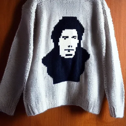 Image similar to a hand knit wool sweater with an keanu reeves face pattern