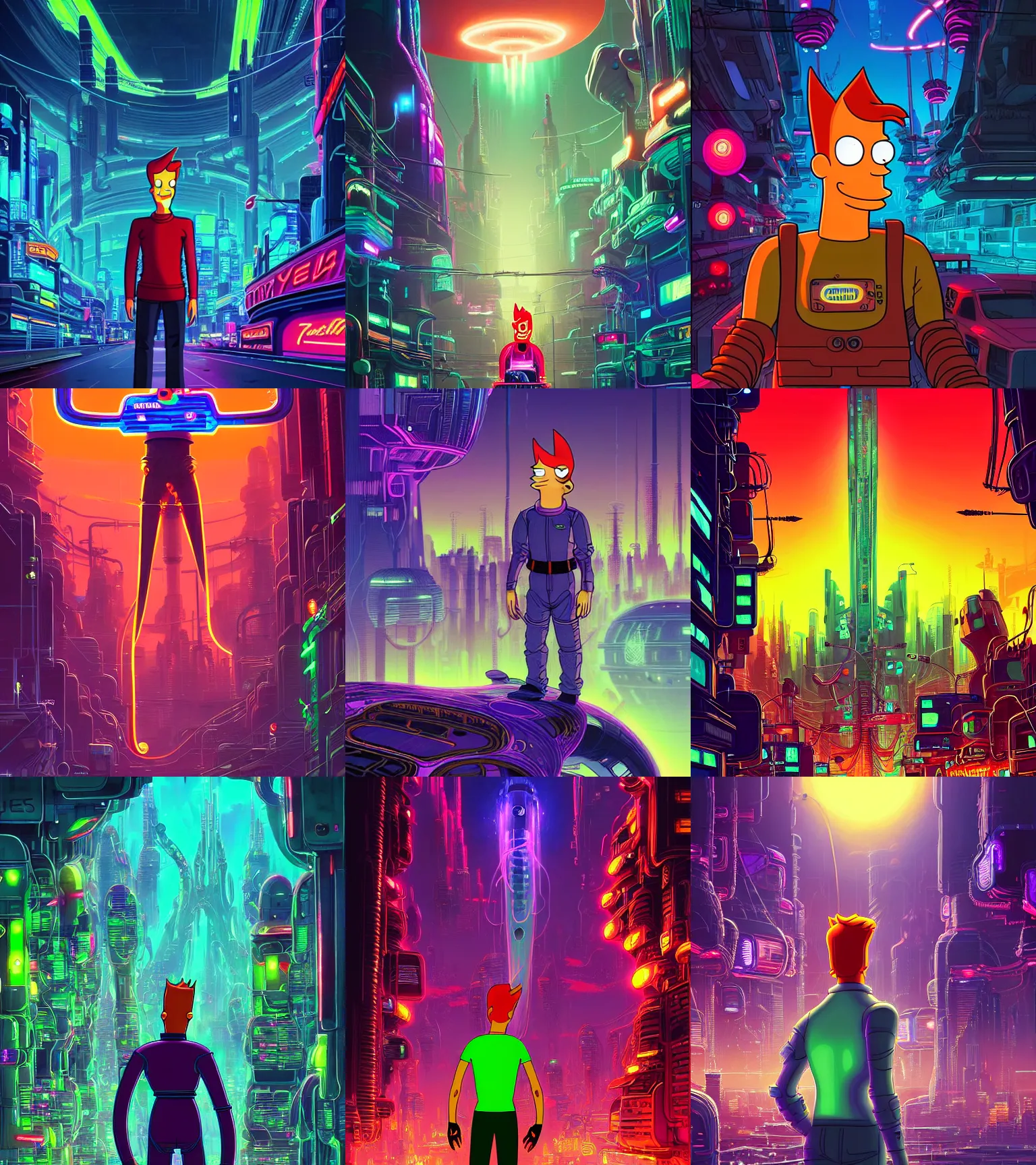Prompt: philip j. fry in full growth from futurama inside an scifi tentacles wires futuristic city, beautiful neon cats, cinematic, highly detailed, photorealistic, rich bright colors, trending on artstation, giger, tsutomu nihei, trending on cgsociety, awe inspiring bruce pennington cityscape, digital art painting of 1 9 6 0 s