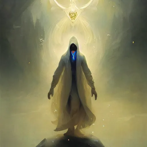 Image similar to ''cinematic shot'' white hooded mage ( spectre ) holding a diamond with leaves falling simetrical 8 k atmosferic realistic made by ivan aivazovsky, peter mohrbacher, greg rutkowski volumetric light effect broad light oil painting painting fantasy art style sci - fi art style realism premium prints available artwork unreal engine