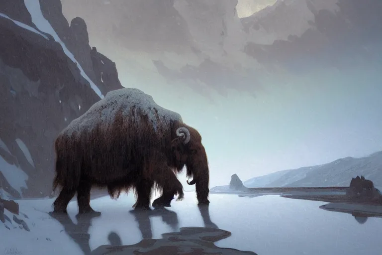 Image similar to a mammoth walking in a terrible snowstorm, luminous sky, by greg rutkowski and alphonse mucha, gradient brown to white, rocky mountains background, highly detailed landscape, digital painting, artstation, concept art, smooth, sharp focus illustration