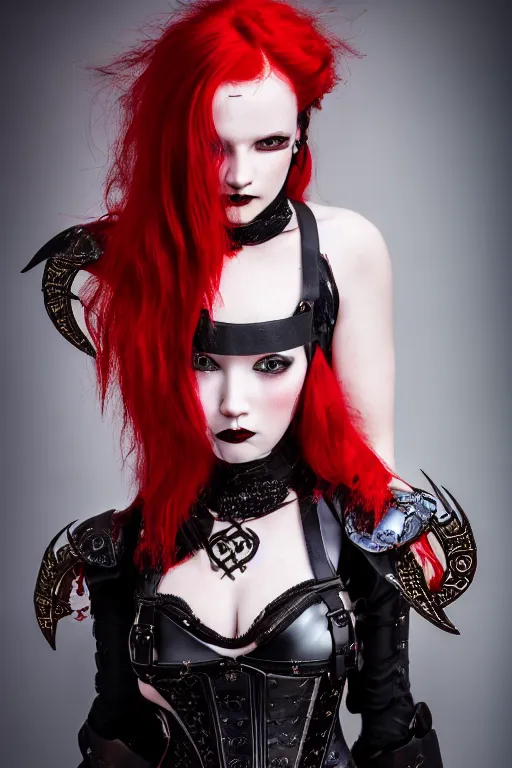 Image similar to very beautiful demon top model, red hair, wearing gothic louis vuitton victorian armor with blades and swords, luxury materials, symmetrical, cinematic, elegant, professional studio light, real dlsr photography, sharp focus, 4 k, ultra hd, sense of awe, high fashion