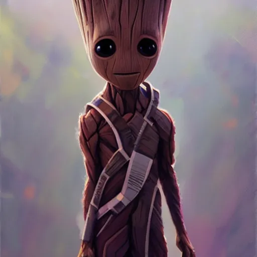 Image similar to Beautiful baby Groot by Greg Rutkowski, asymmetrical, Organic Painting , Matte Painting, geometric shapes, hard edges, street art, trending on the artstation, realistic:2 by Sachin Teng:4