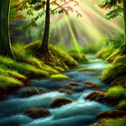 Prompt: Small creek, in the forest, mountains, crepuscular rays, green lush, foliage, flowers, digital art, illustration, high quality