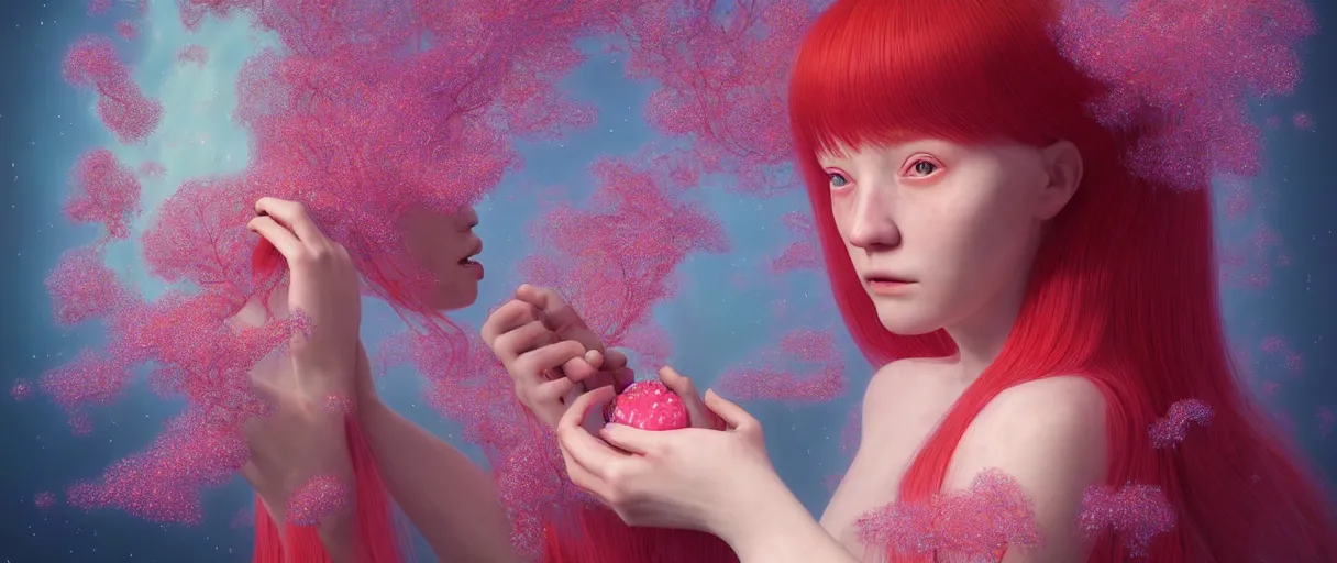 Prompt: hyper detailed 3d render like a Oil painting - kawaii portrait Aurora (red haired selkie) seen Eating of the Strangling network of yellowcake aerochrome and milky Fruit and Her delicate Hands hold of gossamer polyp blossoms bring iridescent fungal flowers whose spores black the foolish stars by Jacek Yerka, Mariusz Lewandowski, Houdini algorithmic generative render, Abstract brush strokes, Masterpiece, Edward Hopper and James Gilleard, Zdzislaw Beksinski, Mark Ryden, Wolfgang Lettl, hints of Yayoi Kasuma, octane render, 8k