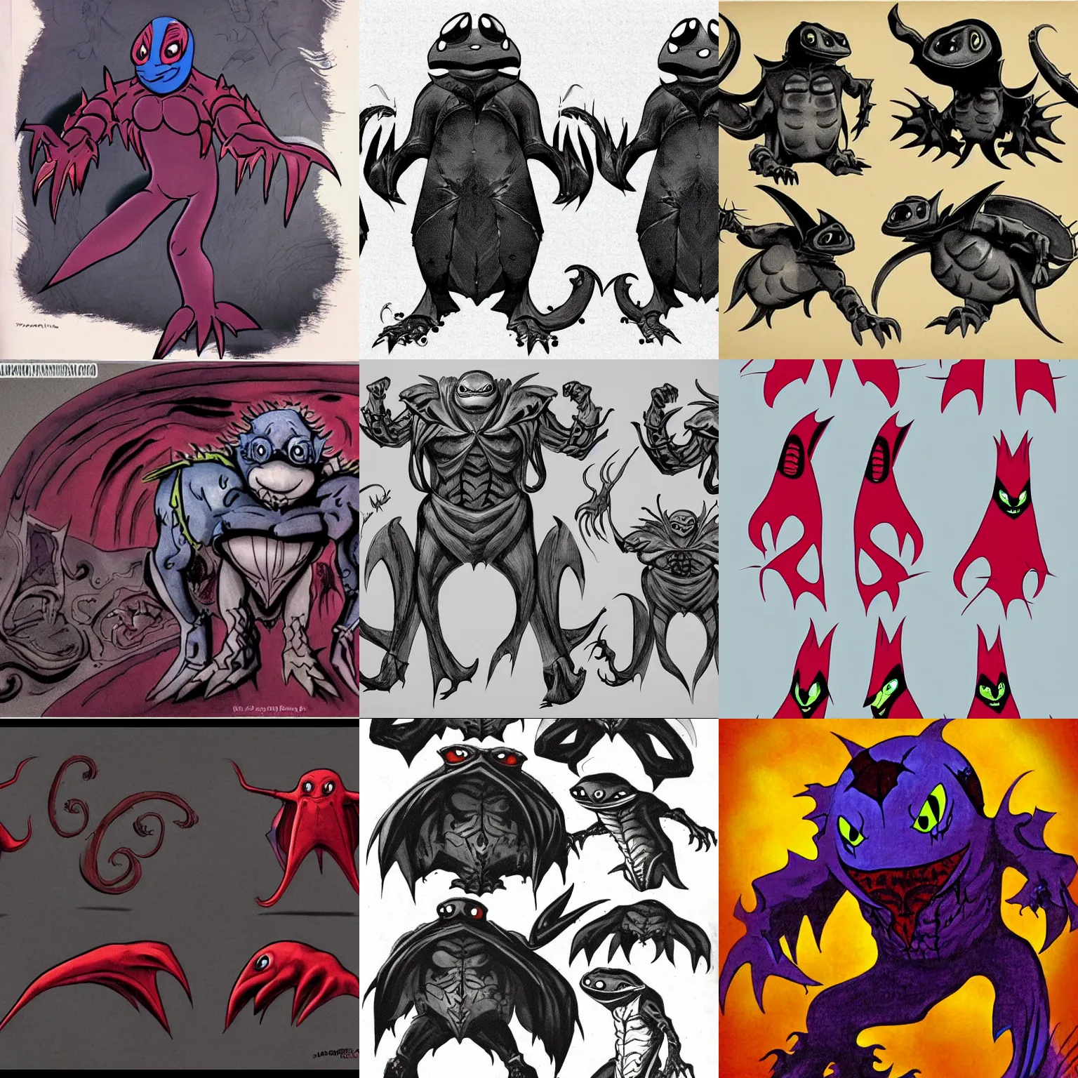 Prompt: designs for a gothic vampire squid from the rise of the teenage mutant ninja turtles cartoon on nickelodeon