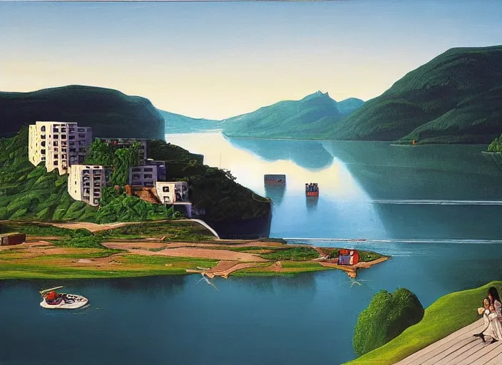 Image similar to painting of moshe safdie's habitat 6 7 in front of beautiful mountains by thomas cole