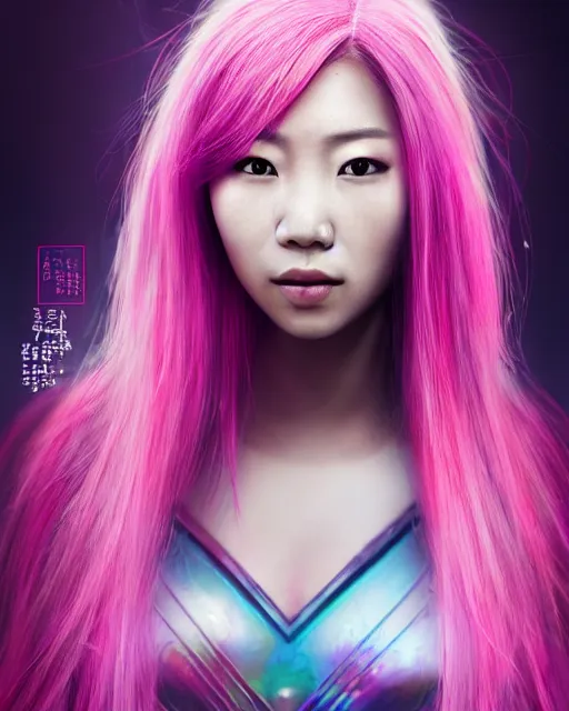 Prompt: portrait of a beautiful asian woman with pink hair as a cyberpunk cyborg, sci - fi, missing panels, intricate abstract upper body intricate artwork, concept art, octane render, deviantart, cinematic, key art, hyperrealism, iridescent accents, portrait photograph, nikon 3 5 mm, photograph by annie leibovitz and steve mccurry, greg rutkowski