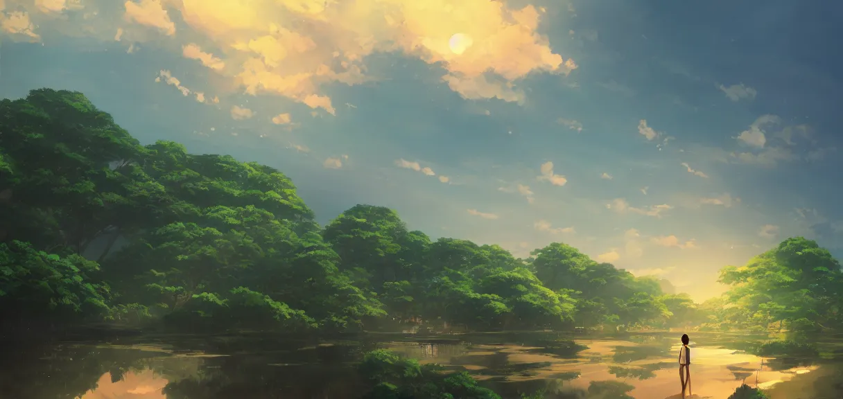 Image similar to vivid anime indonesian landscape by makoto shinkai, beautiful, gorgeous, dramatic lighting, rule of thirds, perfect composition, trending on ArtStation, 8k