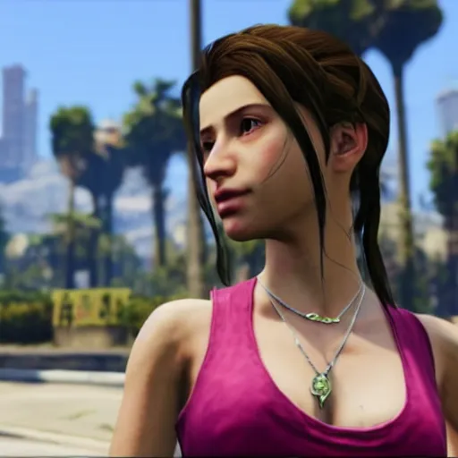 Image similar to Screenshot of Aerith Gainsborough in the game GTA V, highly detailed