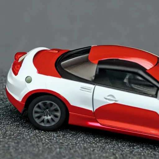 Image similar to a red haired woman driving a Jada toys mitsubishi eclipse green diecast car, high resolution macro photo, viewed through the cars window