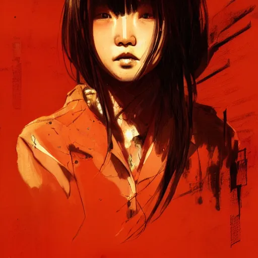 Image similar to full body portrait of a korean schoolgirl with long hair and bangs, her arms are mutating into thin red tedrils, dramatic lighting, illustration by Greg rutkowski, yoji shinkawa, 4k, digital art, sci-fi horror concept art, trending on artstation